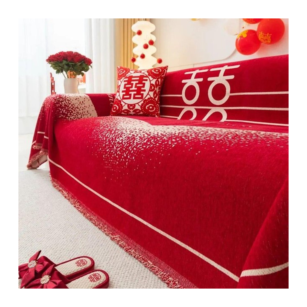 A Family Of Home Textiles Sofakissenbezug für chinesische Hochzeit in Rot, doppelseitiger Sofa-Schonbezug mit Schutzfunktion, B/T: 180 x 130 cm - Bild 1