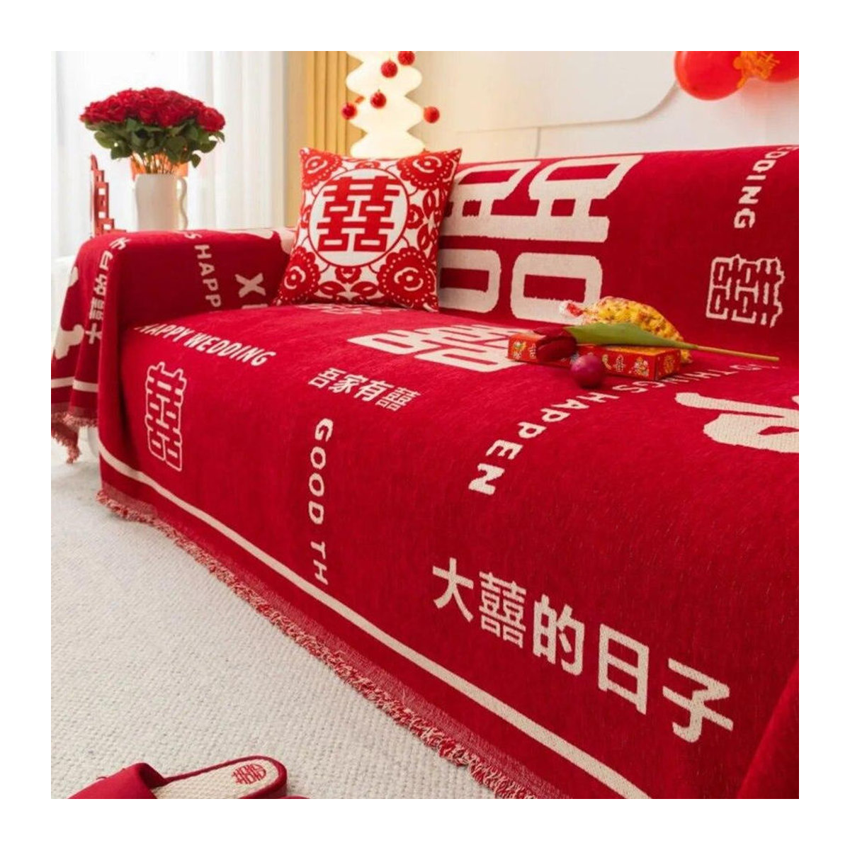 A Family Of Home Textiles Sofakissenbezug für chinesische Hochzeit in Rot, doppelseitiger Sofa-Schonbezug mit Schutzfunktion, B/T: 180 x 130 cm - Bild 2
