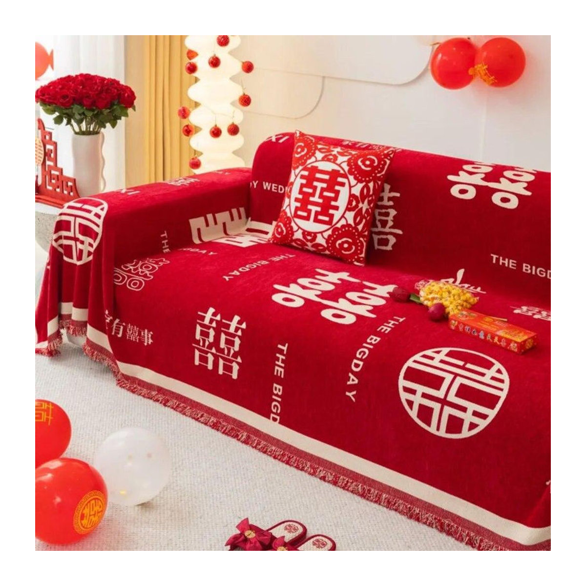 A Family Of Home Textiles Sofakissenbezug für chinesische Hochzeit in Rot, doppelseitiger Sofa-Schonbezug mit Schutzfunktion, B/T: 180 x 130 cm - Bild 3