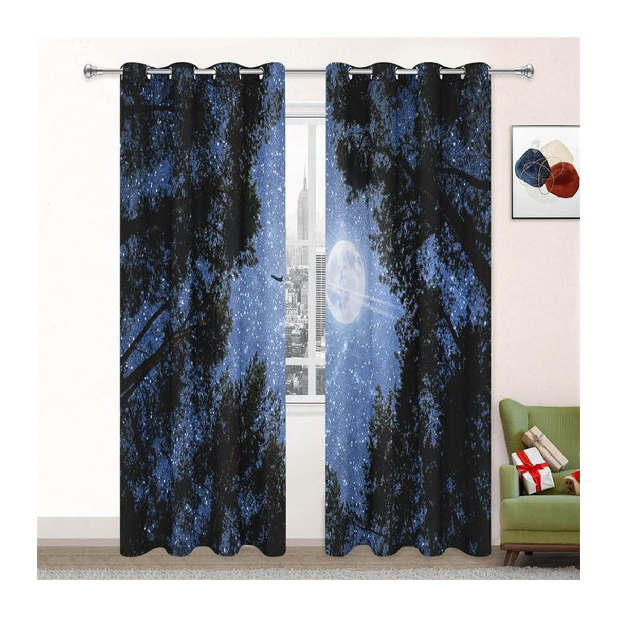A Family Of Home Textiles Sonnenschutz Vorhang Sternenklarer Wald mit Mond-Digitaldruck in Blau, halbtransparent, Breite: 100 cm, Höhe: 130 cm - Bild 1