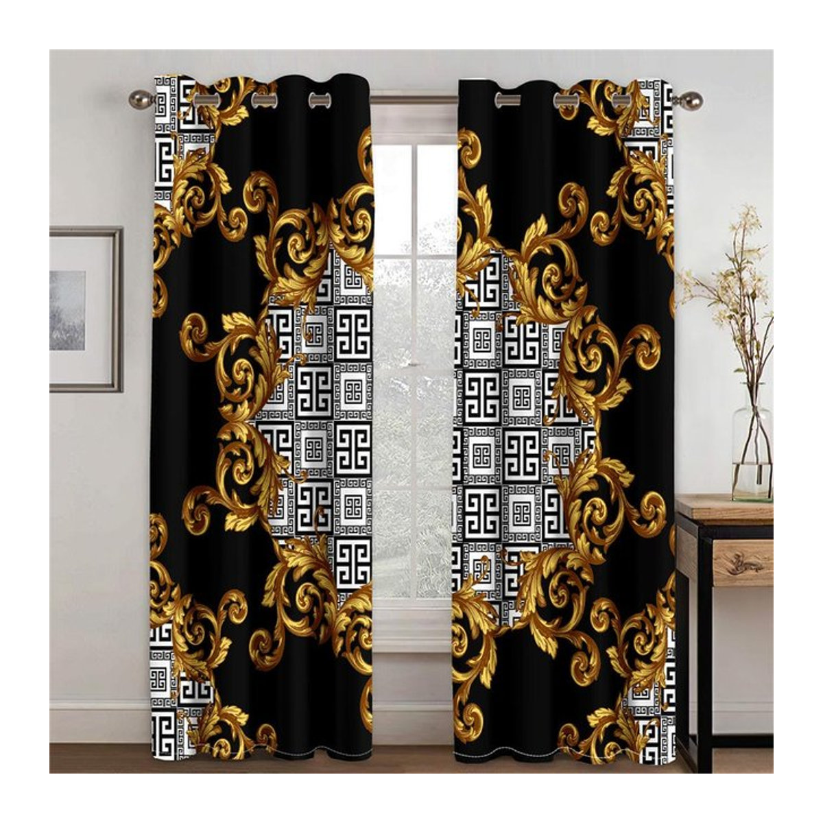 A Family Of Home Textiles Sonnenschutzvorhang mit Luxusgüter Muster in Schwarz-Gold, halbtransparent, B: 100 cm, H: 130 cm - Bild 1