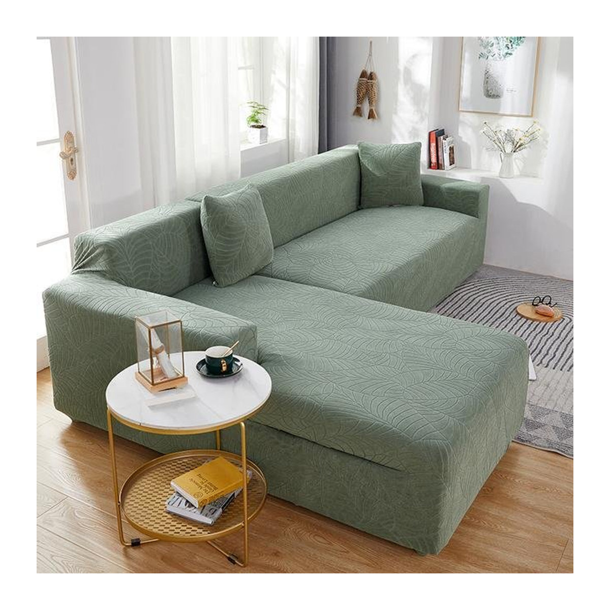 A Family Of Home Textiles Stretch-Jacquard-Spandex-Sofabezug in L-Form für Ecksofas und Bänke, wasserdicht und elastisch, cyanblau - Bild 1