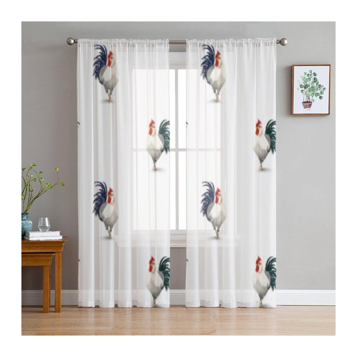 A Family Of Home Textiles Transparent Voile Vorhang mit Hähne Muster in Weiß, B: 135 cm, H: 114 cm - Bild 1
