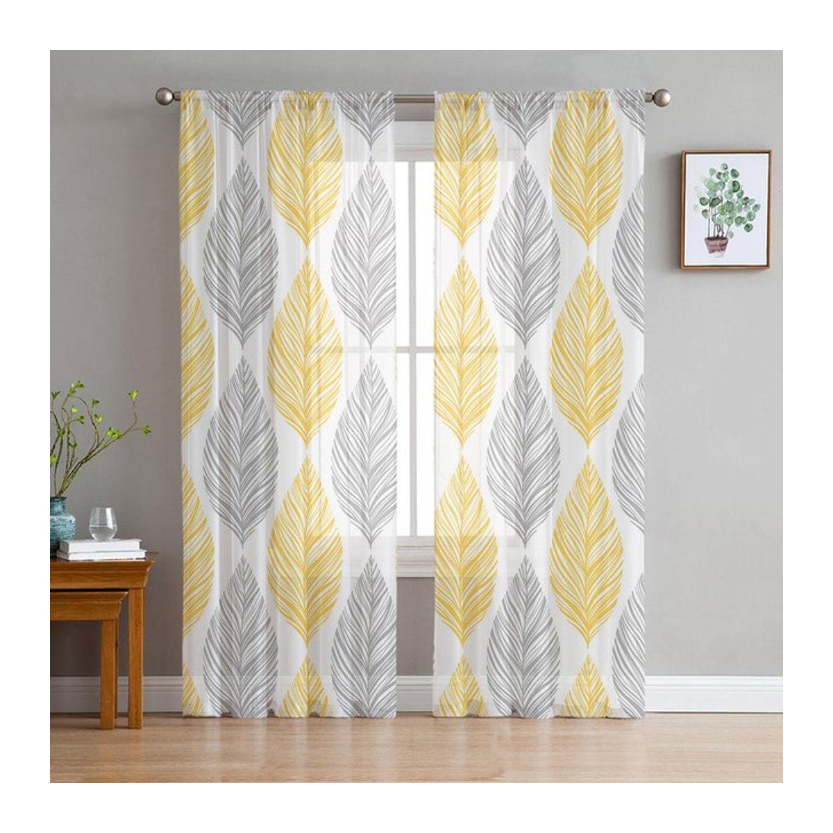 A Family Of Home Textiles Transparente Chiffon-Gardinen mit Blatttextur in Gelb und Grau, B: 135 cm, H: 183 cm - Bild 1