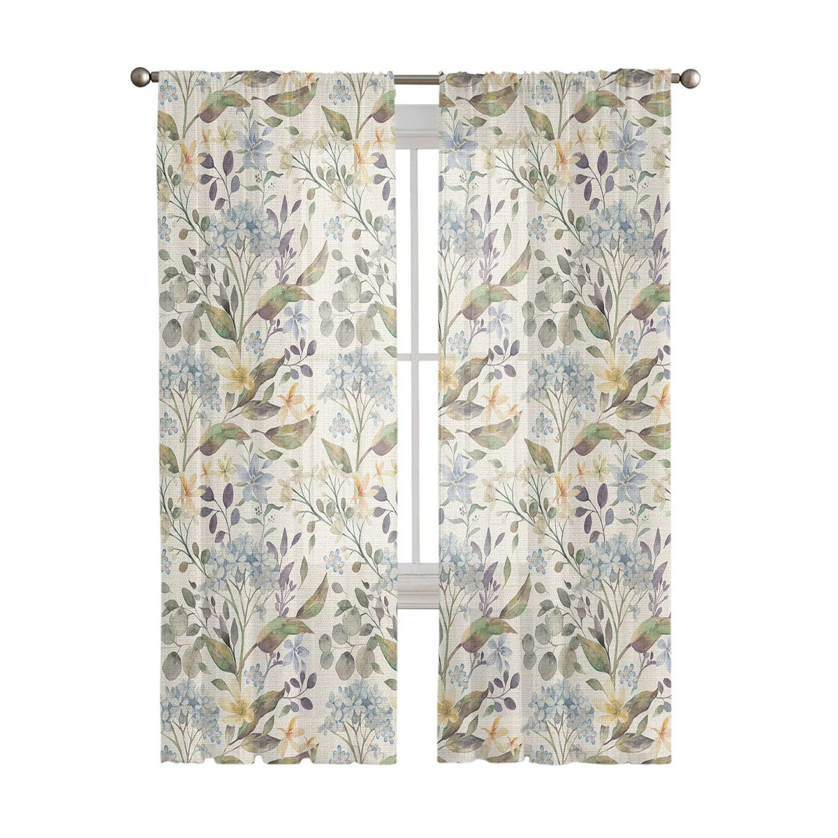 A Family Of Home Textiles Transparente Gardine mit Frühlingsblumen und Hortensien, Voile Tüll Vorhang, B: 135 cm, H: 114 cm - Bild 1