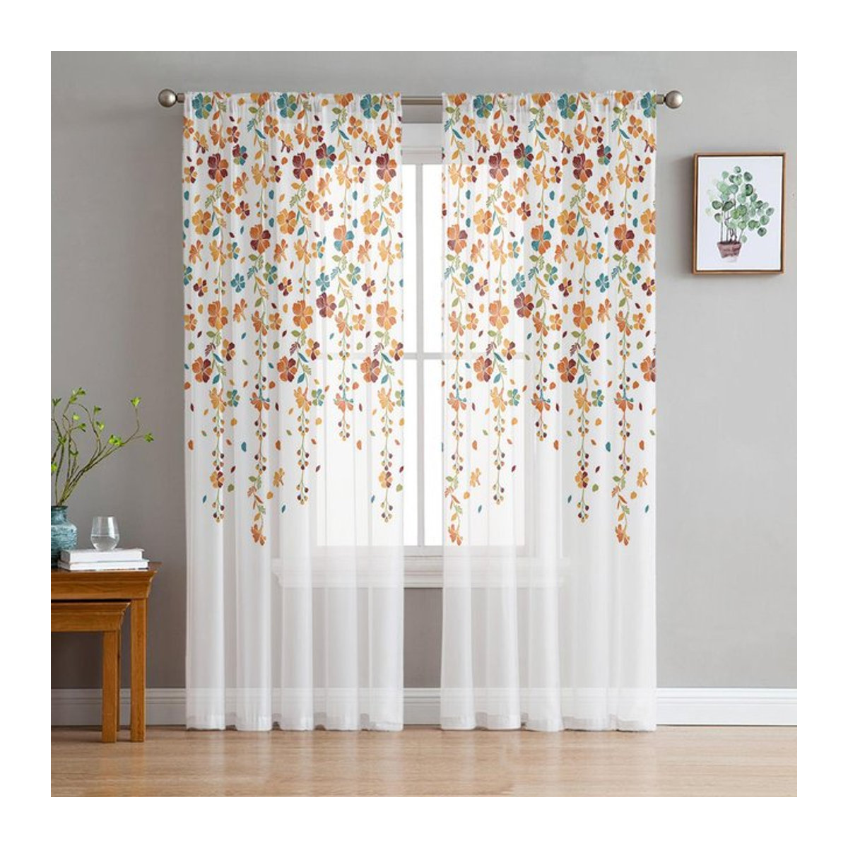 A Family Of Home Textiles Transparente Voile Gardine mit Orangefarbenem Blumenmuster in Weiß, B: 135 cm, H: 114 cm - Bild 1