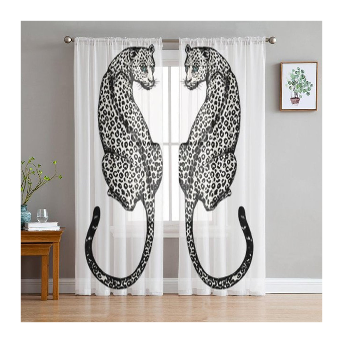 A Family Of Home Textiles Transparente Voile-Tüll-Vorhänge mit handgezeichnetem Leopard Motiv in Weiß, B: 135 cm, H: 114 cm - Bild 1