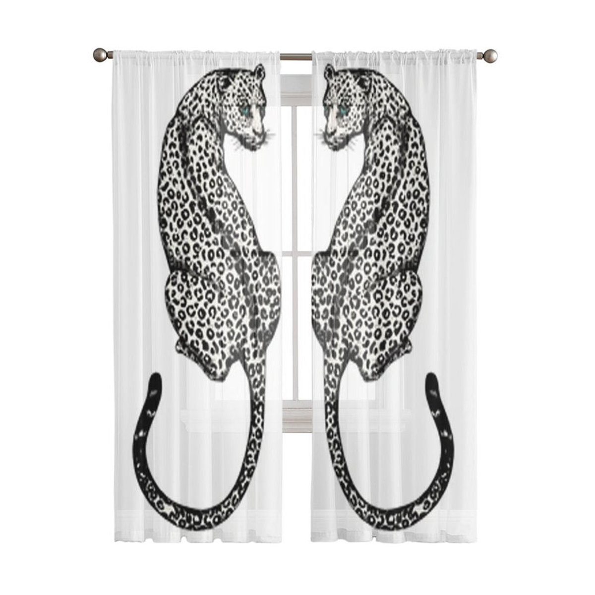 A Family Of Home Textiles Transparente Voile-Tüll-Vorhänge mit handgezeichnetem Leopard Motiv in Weiß, B: 135 cm, H: 114 cm - Bild 3