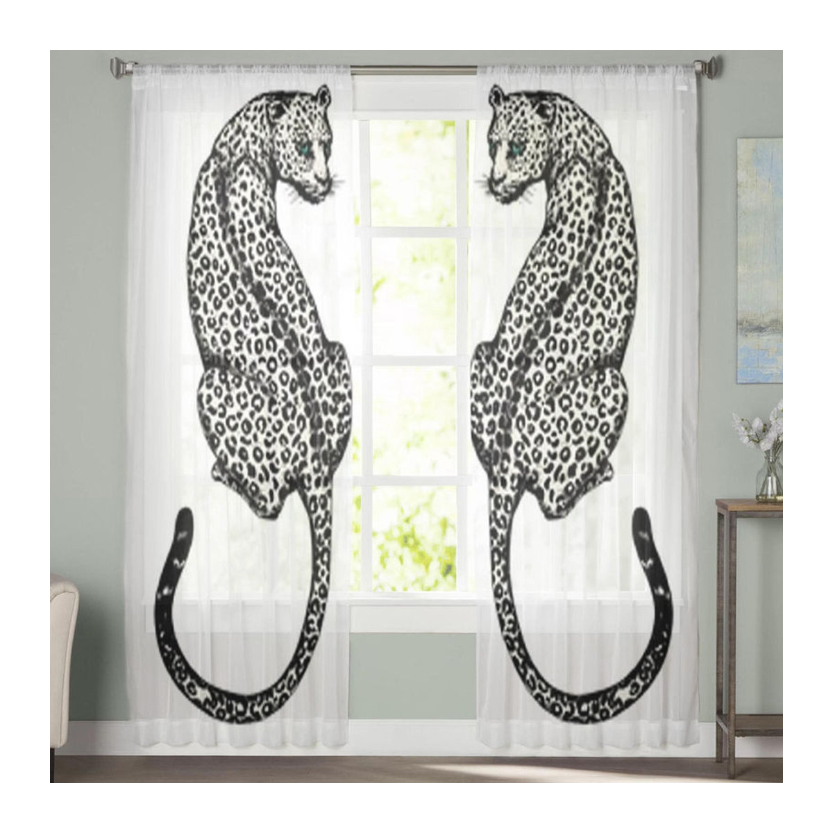 A Family Of Home Textiles Transparente Voile-Tüll-Vorhänge mit handgezeichnetem Leopard Motiv in Weiß, B: 135 cm, H: 114 cm - Bild 4