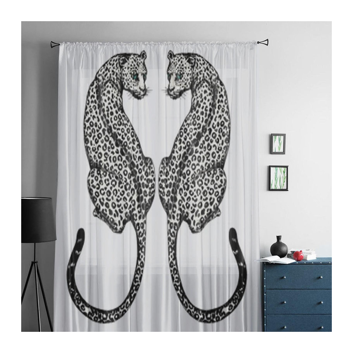 A Family Of Home Textiles Transparente Voile-Tüll-Vorhänge mit handgezeichnetem Leopard Motiv in Weiß, B: 135 cm, H: 114 cm - Bild 5