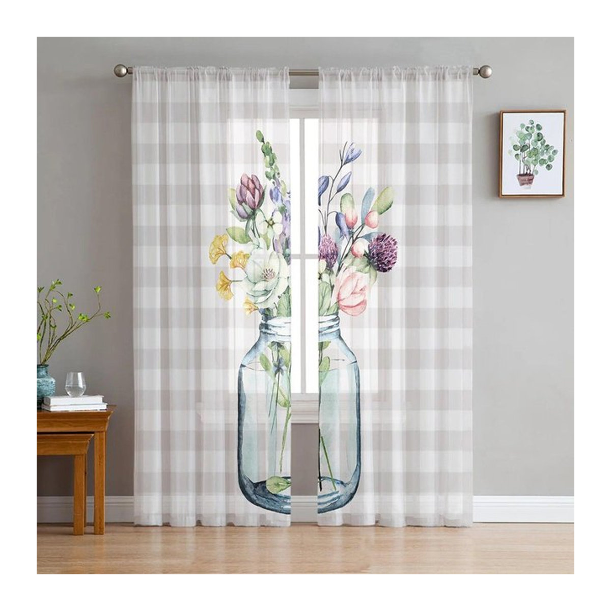 A Family Of Home Textiles Transparenter Tüllvorhang in Grau mit Karomuster, Breite: 135 cm, Höhe: 114 cm - Bild 1