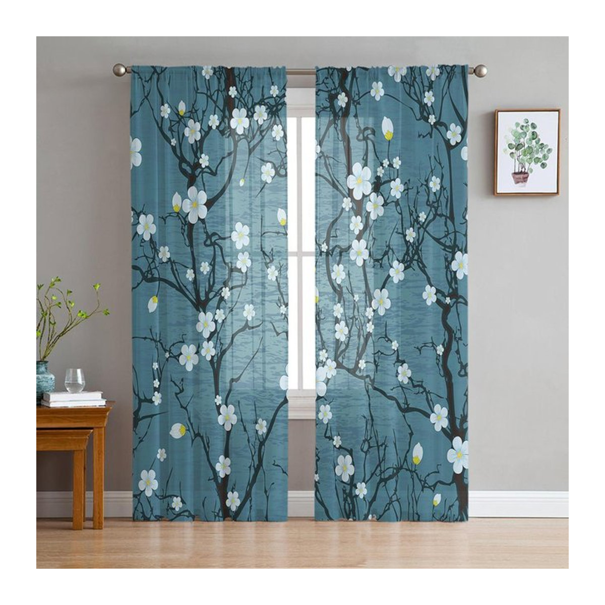 A Family Of Home Textiles Transparenter Tüllvorhang Sakura Blume und Wasser Welle in Blau, B: 135 cm, H: 114 cm - Bild 1