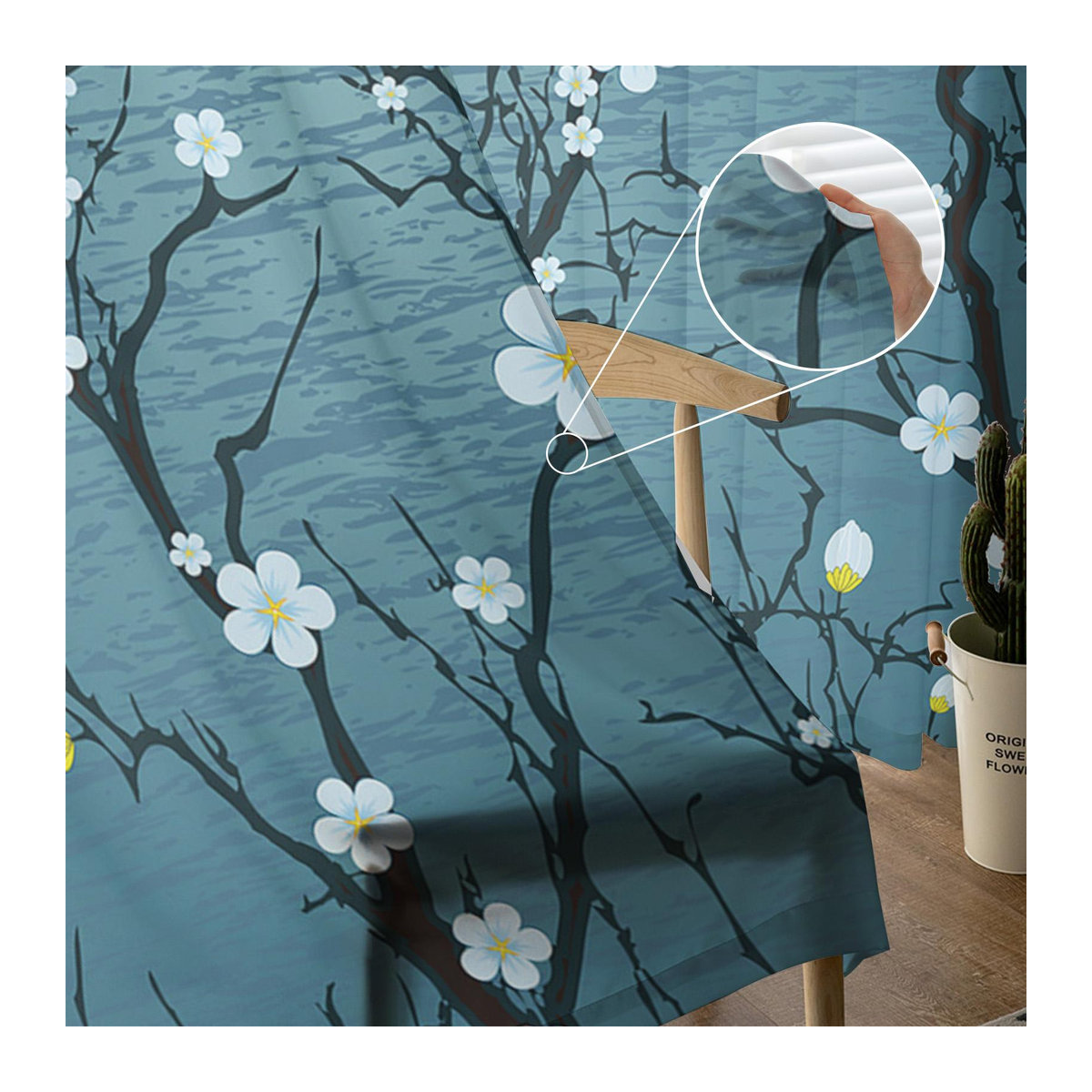 A Family Of Home Textiles Transparenter Tüllvorhang Sakura Blume und Wasser Welle in Blau, B: 135 cm, H: 114 cm - Bild 2