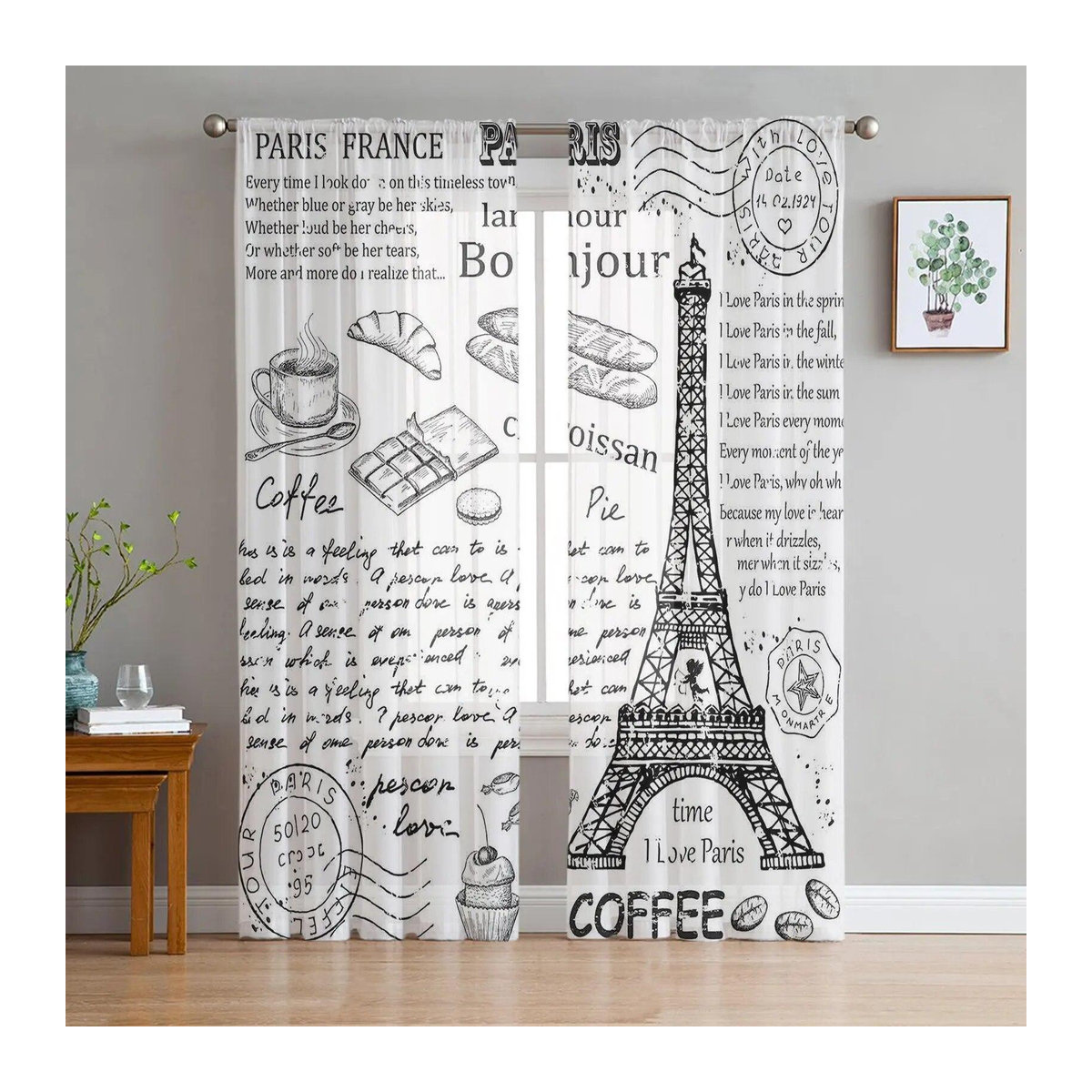 A Family Of Home Textiles Tüllvorhang mit Paris-Zeichnung in Schwarz-Weiß, transparentes Voile für Wohnzimmer und Schlafzimmer, Breite: 135 cm, Höhe: 114 cm - Bild 1