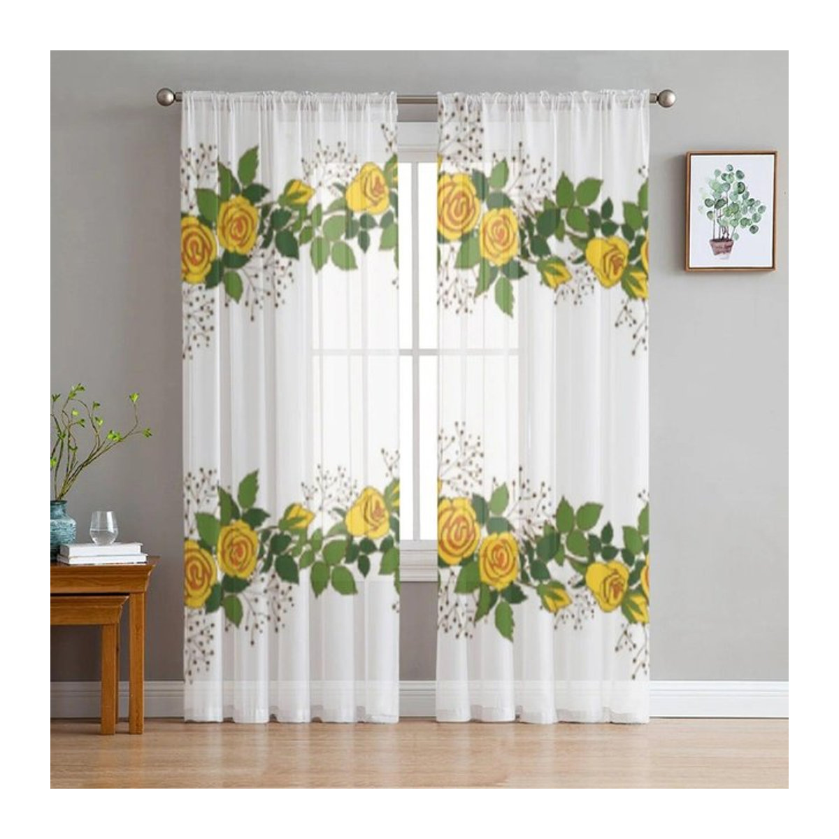 A Family Of Home Textiles Voile-Vorhang aus transparentem Tüll mit gelben Rosen in Weiß, B: 135 cm, H: 114 cm - Bild 1