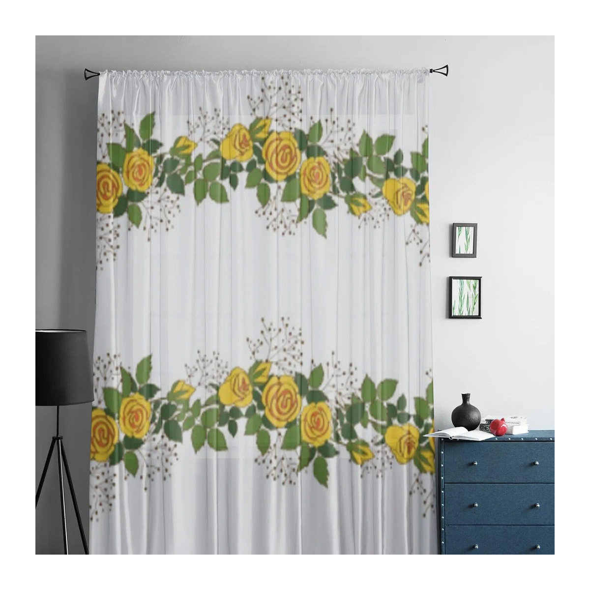 A Family Of Home Textiles Voile-Vorhang aus transparentem Tüll mit gelben Rosen in Weiß, B: 135 cm, H: 114 cm - Bild 2