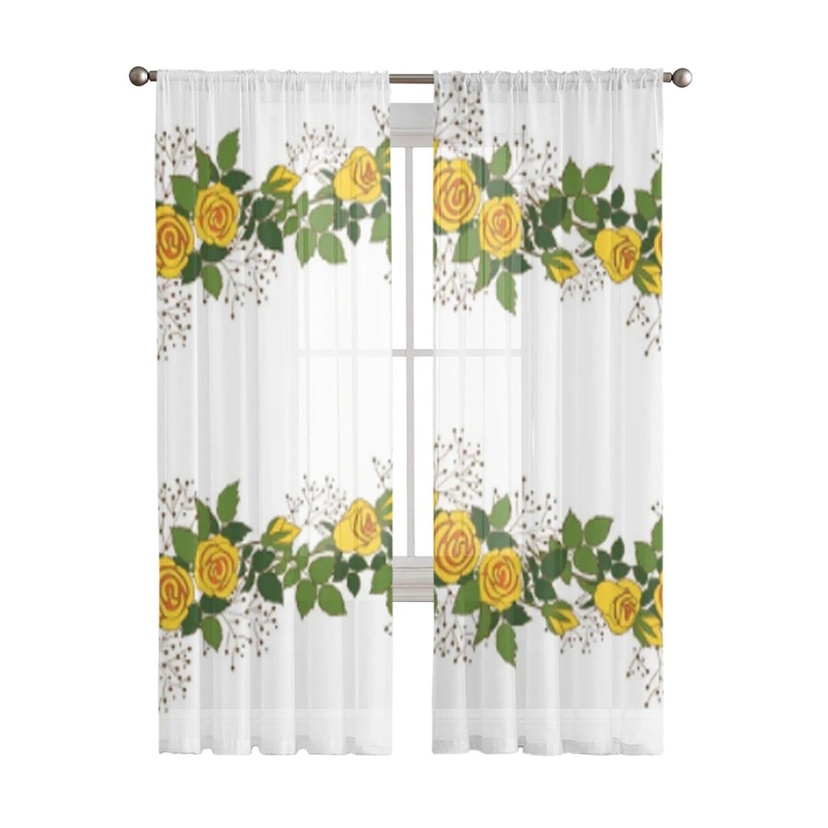 A Family Of Home Textiles Voile-Vorhang aus transparentem Tüll mit gelben Rosen in Weiß, B: 135 cm, H: 114 cm - Bild 3