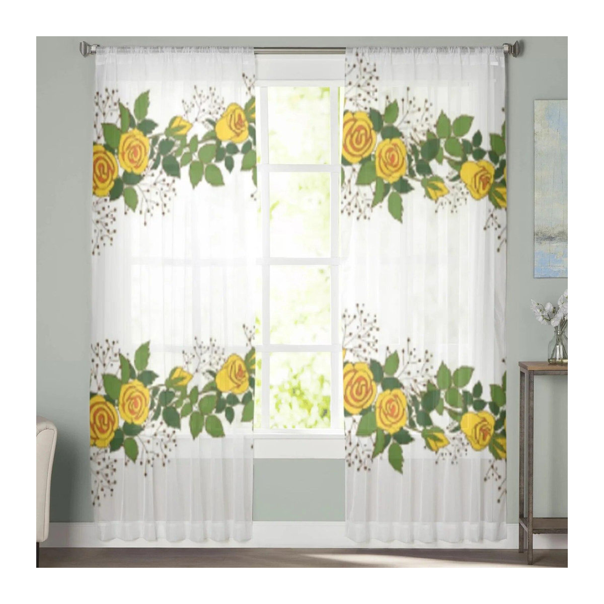 A Family Of Home Textiles Voile-Vorhang aus transparentem Tüll mit gelben Rosen in Weiß, B: 135 cm, H: 114 cm - Bild 4
