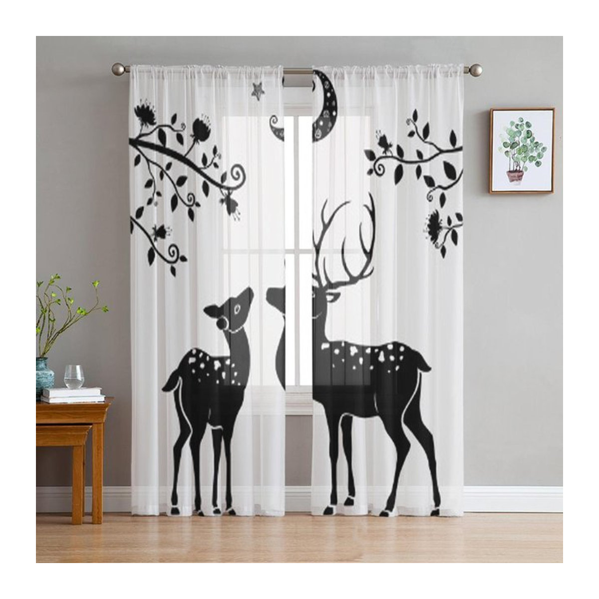 A Family Of Home Textiles Voile-Vorhang Hirsch unter dem Mond, transparente Tüllgardine für Schlafzimmer und Wohnzimmer, B: 135 cm, H: 114 cm - Bild 1