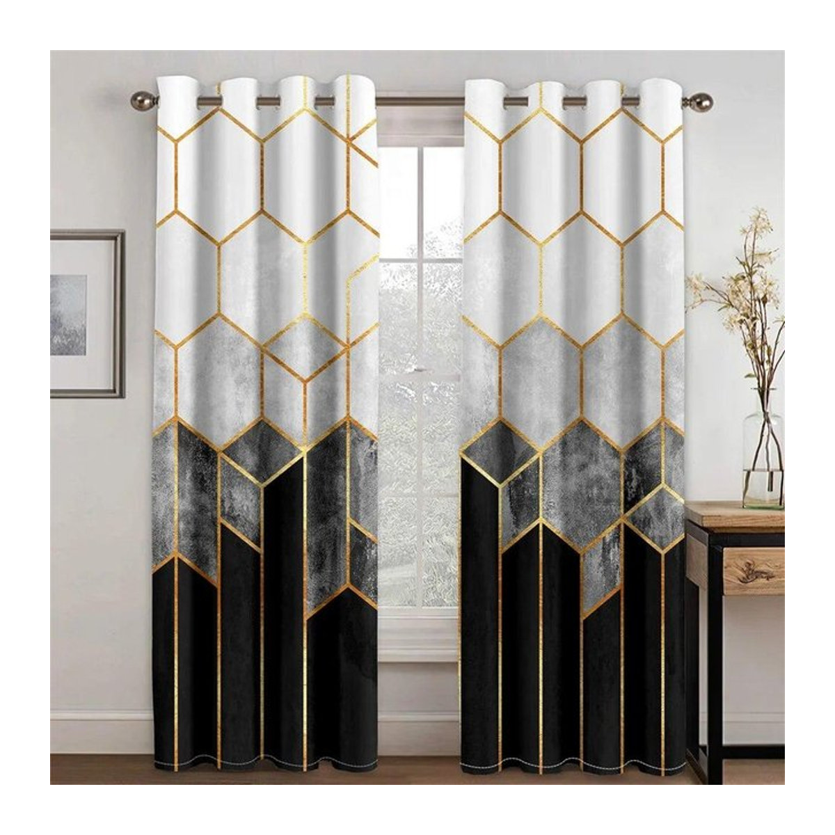 A Family Of Home Textiles Vorhang Set mit grünem Marmor und Goldblatt Design, 2 Stück, semi-transparent, Polyester, Breite: 50 cm, Höhe: 130 cm - Bild 1