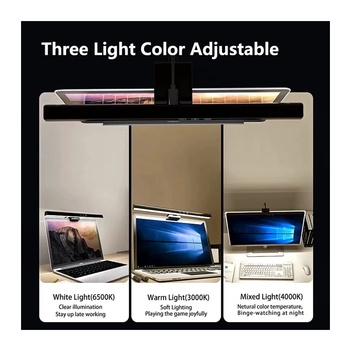 Aamasun LED Monitor Lichtleiste Schwarz mit stufenloser Dimmung und Augenschutz für PC und Schreibtisch, B: 50 cm, H: 33 cm - Bild 3