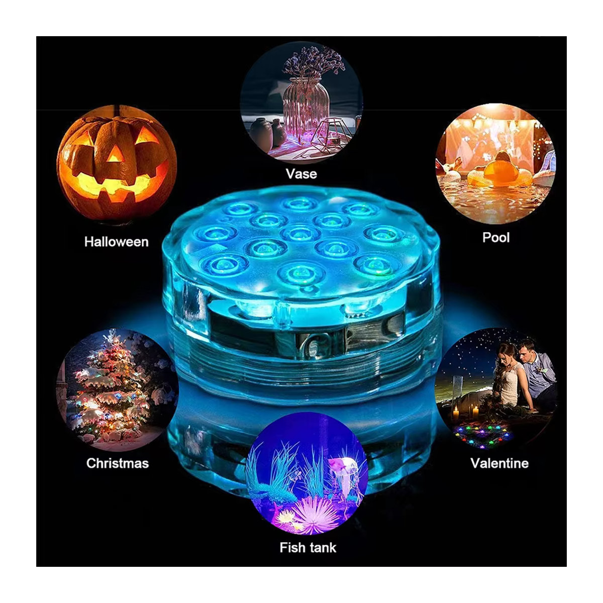 Aamasun RGB LED Unterwasserlampe mit 10 LEDs, batteriebetrieben, mehrfarbig, rund für Garten, Schwimmbad, Aquarium oder Dekoration bei Hochzeiten und Partys - Bild 5