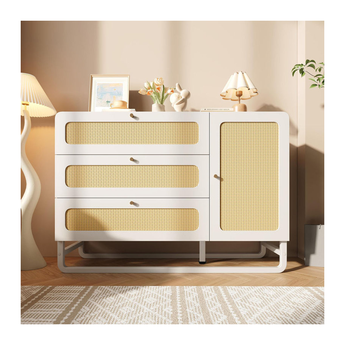 AB Store Landhaus-Kommode aus Holzwerkstoff mit Rattan und Metallgriffen in Weiß, B/T/H: 120 x 40 x 85 cm - Bild 2