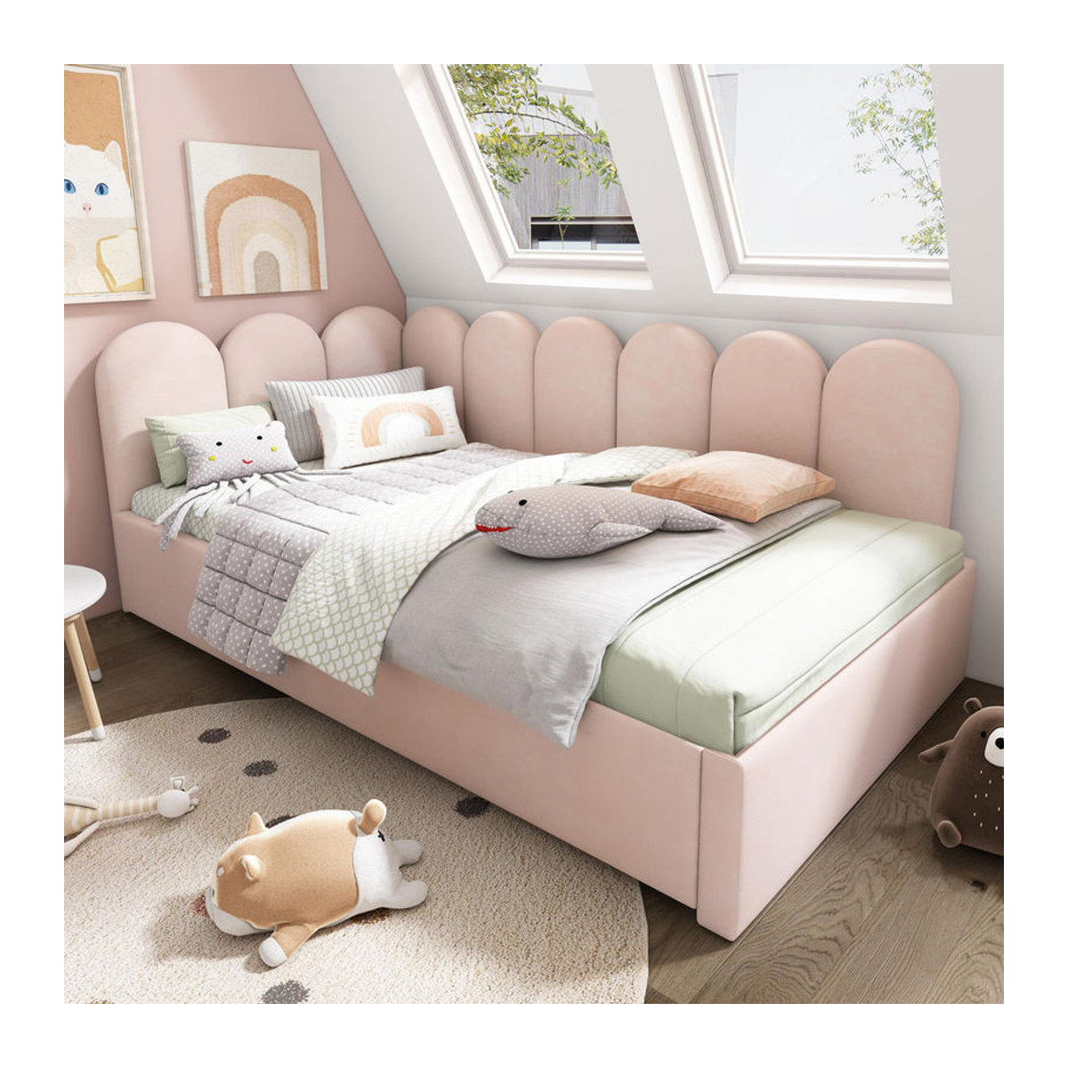 AB Store Polster-Daybett mit Ausziehbett als 2-in-1 Schlafsofa mit Samtbezug und Lattenrost, Rosa - Bild 2