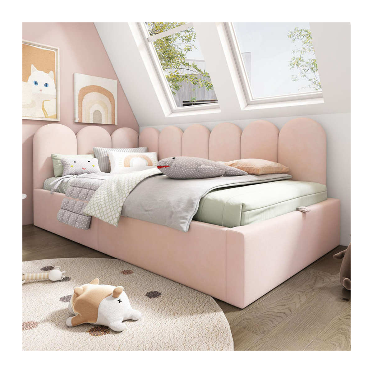 AB Store Polster-Tagesbett mit hydraulischem Stauraum und Samtbezug in Rosa, B/T/H: 90 x 200 cm, inklusive Metall-Lattenrost - Bild 2
