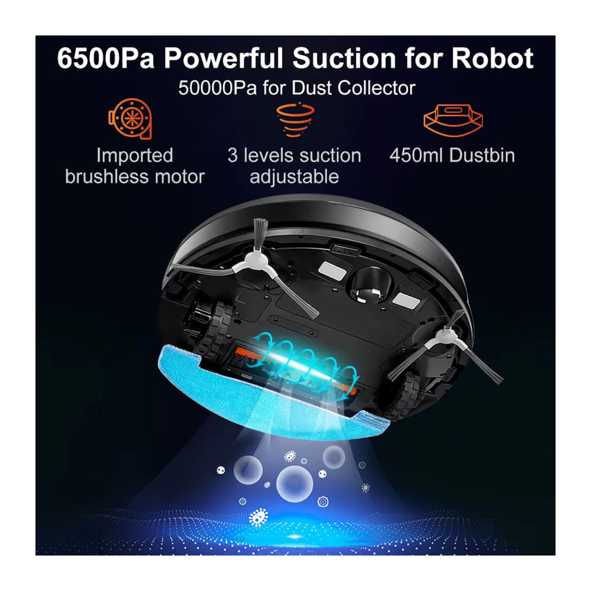 ABIR K30 Roboter-Staubsauger in Schwarz mit automatischem Entleerungsdock, 6500 PA Saugkraft, UV-Spot-Reinigung und Kartenfunktion für mehrere Etagen sowie individueller Nass-Trockenreinigung - Bild 3