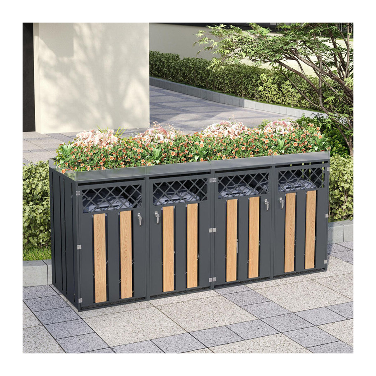 Abschließbare Mülltonnenbox von GL Store für 4 Standardtonnen mit integriertem Blumentrog, Grau-Natur, B/T/H: 264 x 80 x 124,5 cm - Bild 2