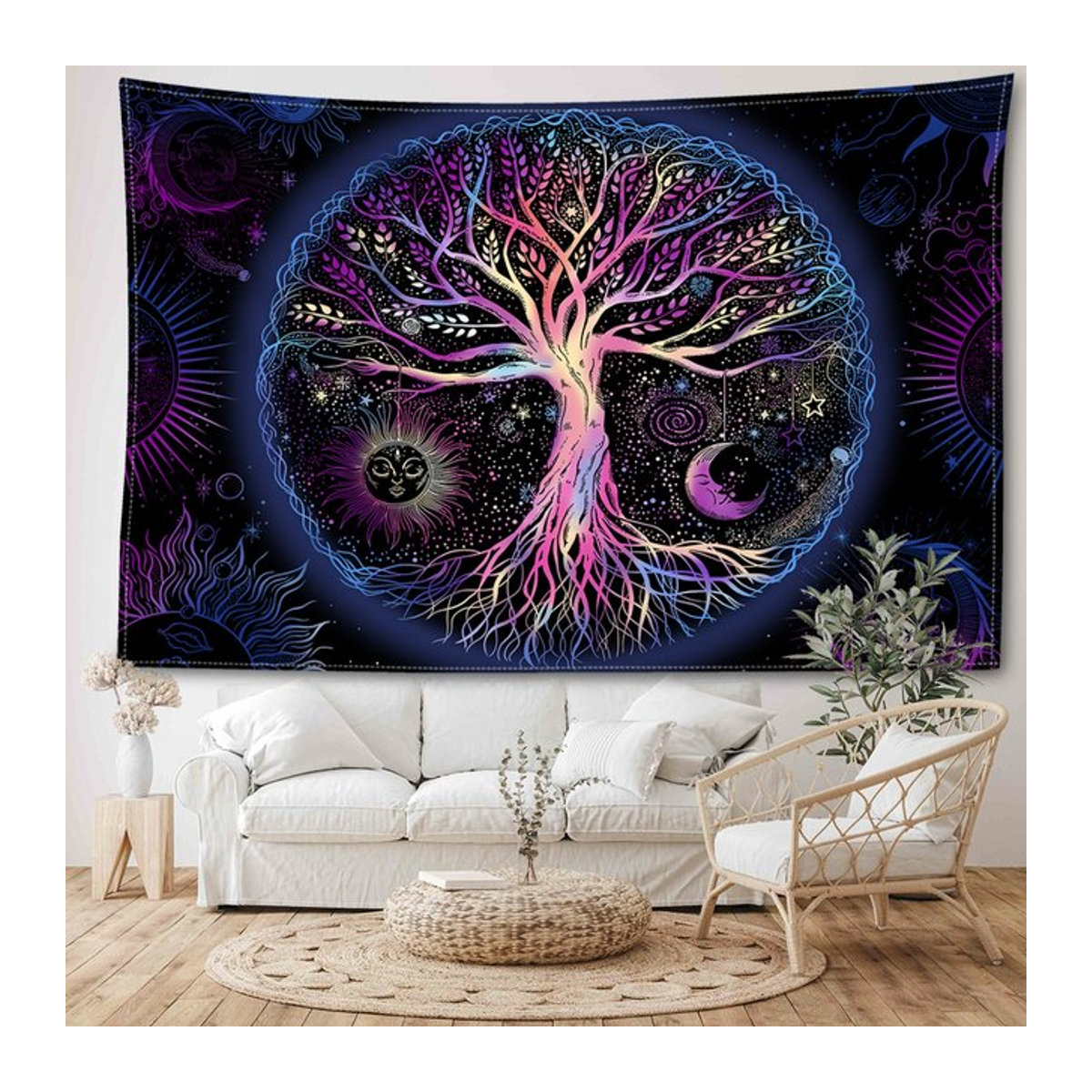 Abstrakte Galaxie und Lebensbaum Wandtapisserie als minimalistischer Wandbehang in Mehrfarbig für dein Schlafzimmer oder Wohnzimmer - Bild 1