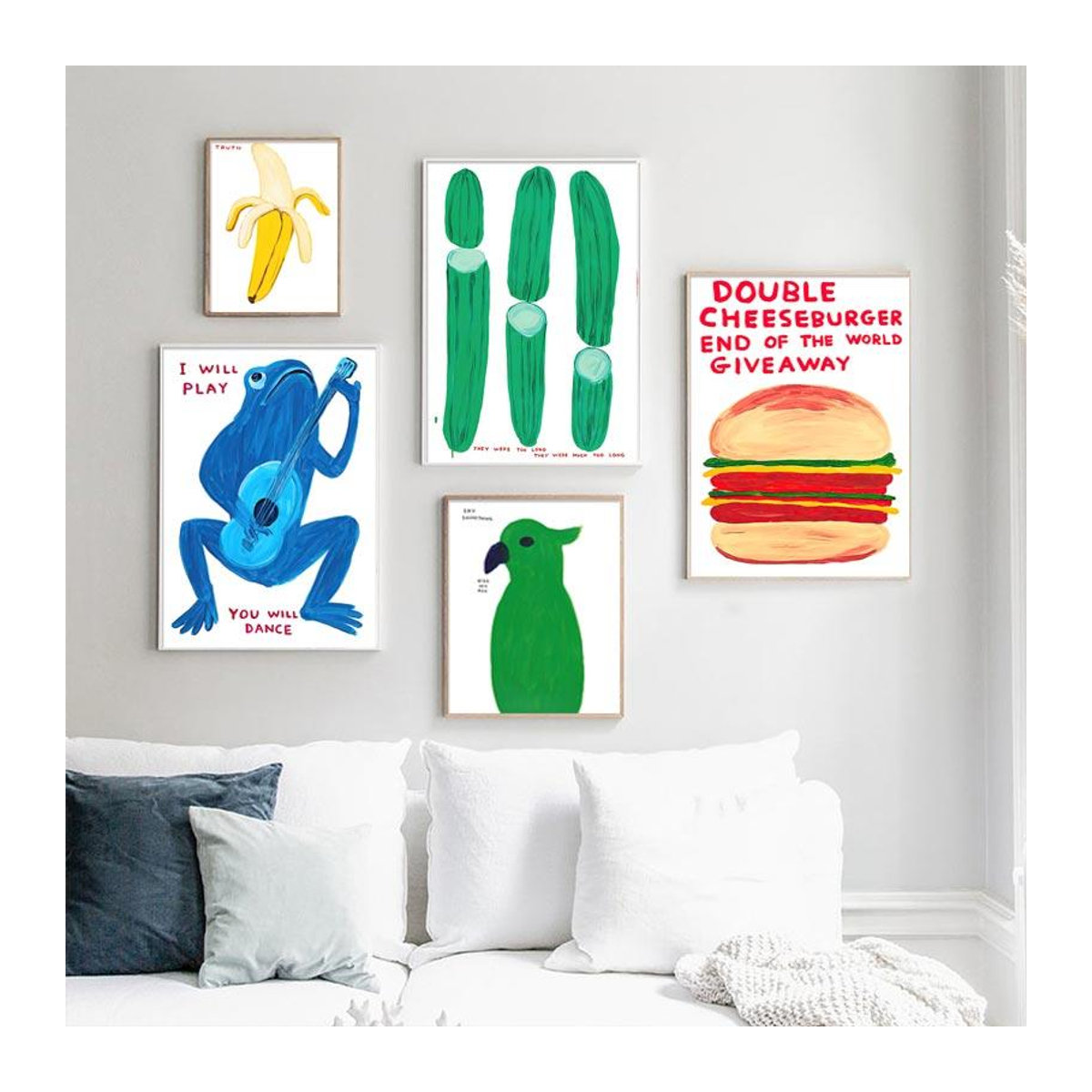 Abstrakte Leinwandmalerei David Shrigley mit Frosch, Papagei, Banane und Zitrone in Gelb, Modernes Wandbild für dein Wohnzimmer, B: 50 cm, H: 70 cm, Rahmenlos - Bild 3