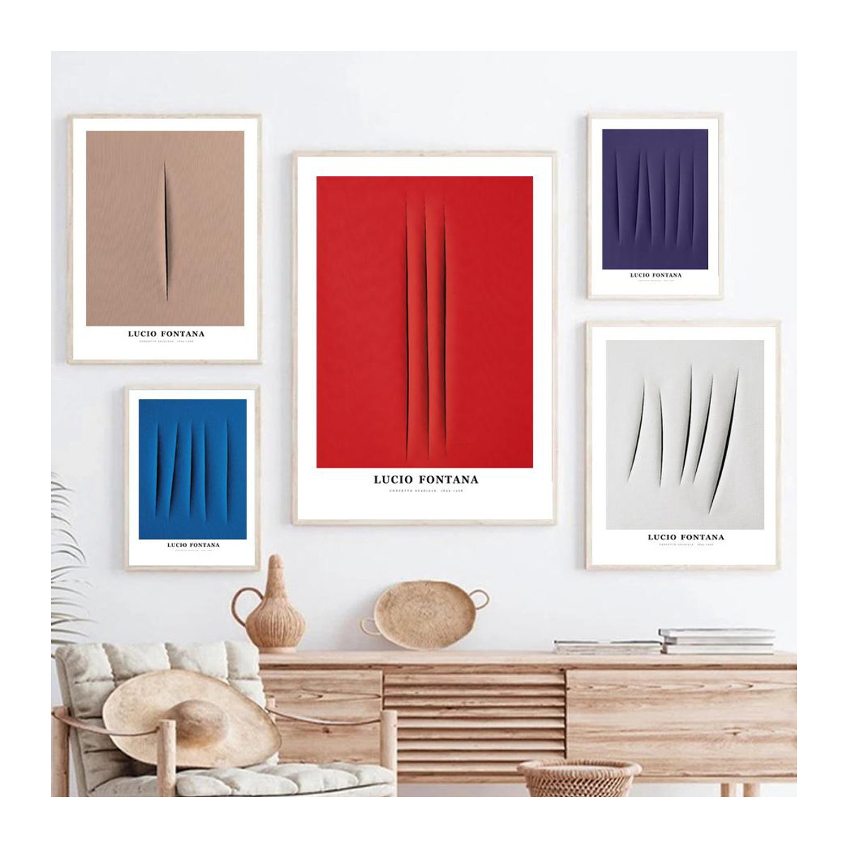 Abstrakte Leinwandmalerei Lucio Fontana Colorblock im Querformat, modernes Wandbild für dein Wohnzimmer, mehrfarbig, B: 120 cm, H: 70 cm, rahmenlos - Bild 1