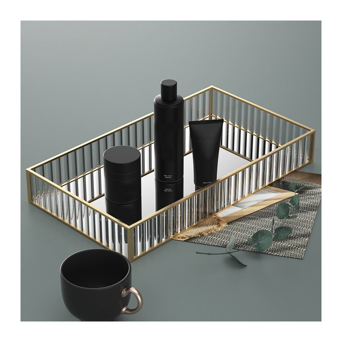 Achteckiges Glas Tablett im Nordic Minimalist Design, transparent mit Goldrand zur Dekoration und Organisation - Bild 1