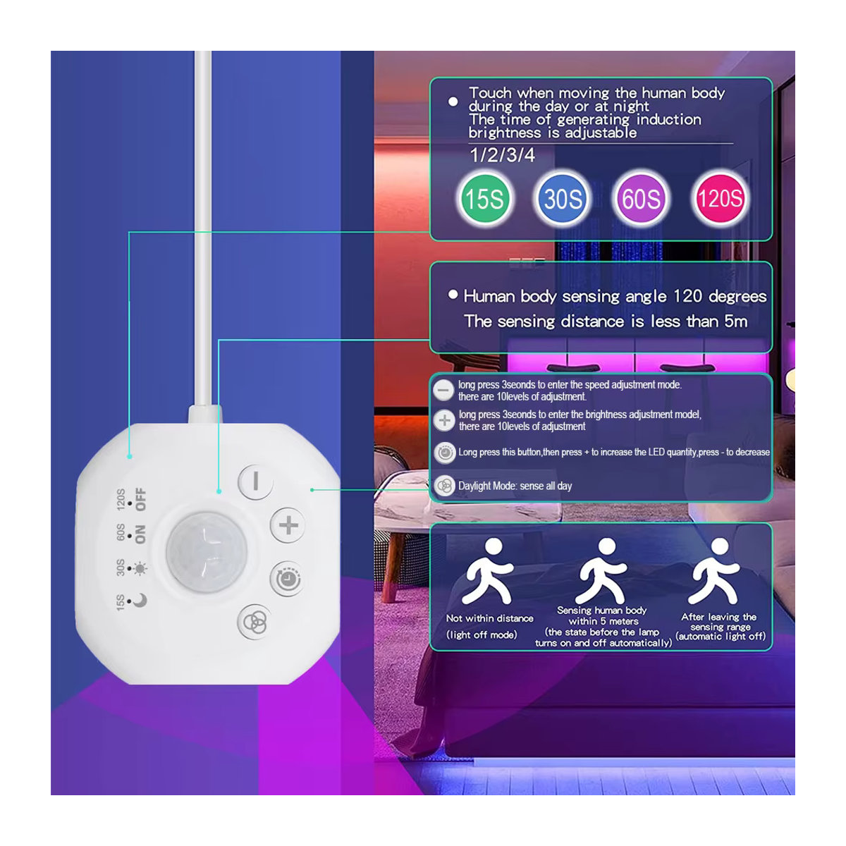 Acosh neon LED-Streifen mit Bewegungsmelder und Lichtsensor für Schrankleisten und Betten - Bild 3
