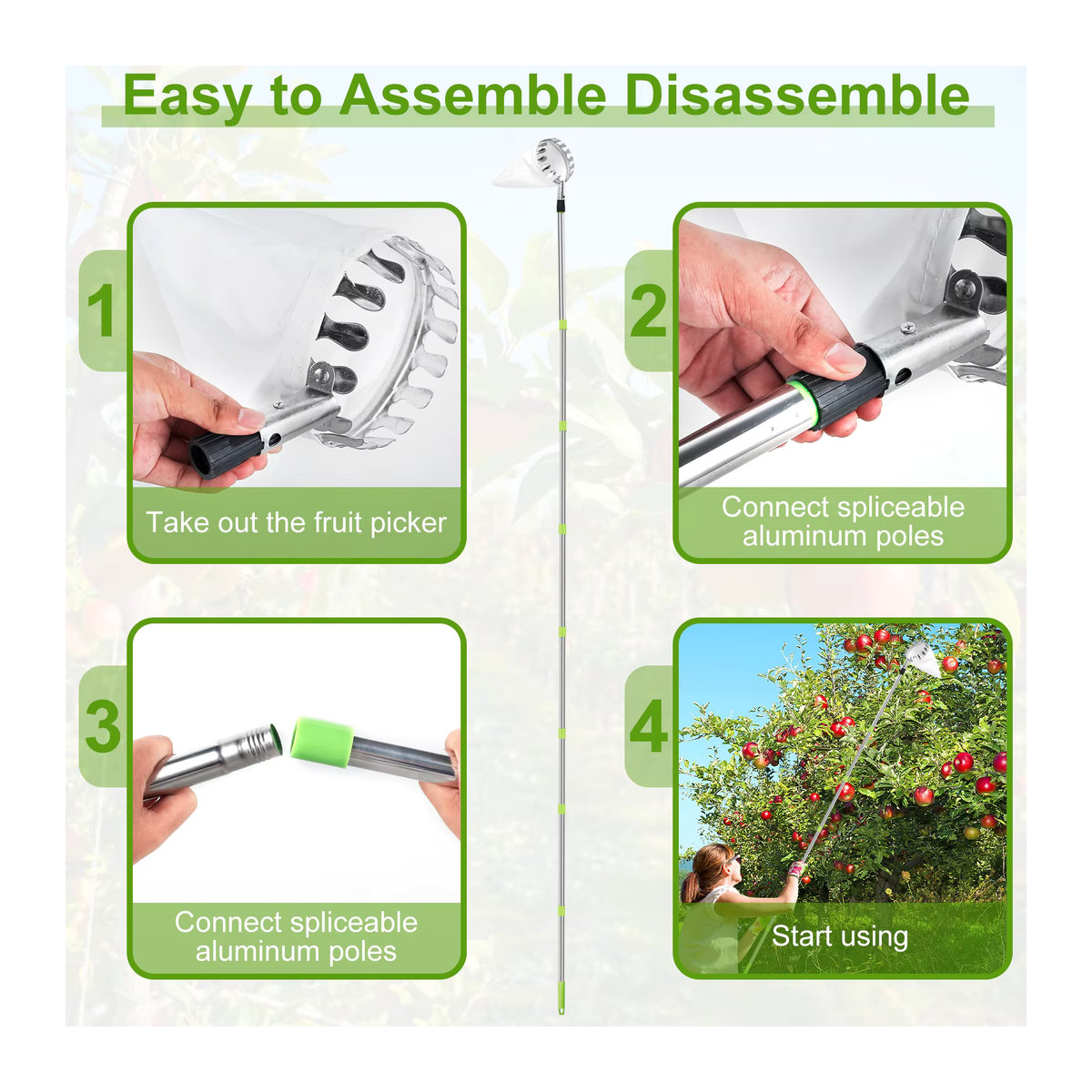 Adifare Obstpflücker Set aus Edelstahl mit ausziehbarer Stange und Gartenkorb in 1,5 m und 2,4 m - Bild 4