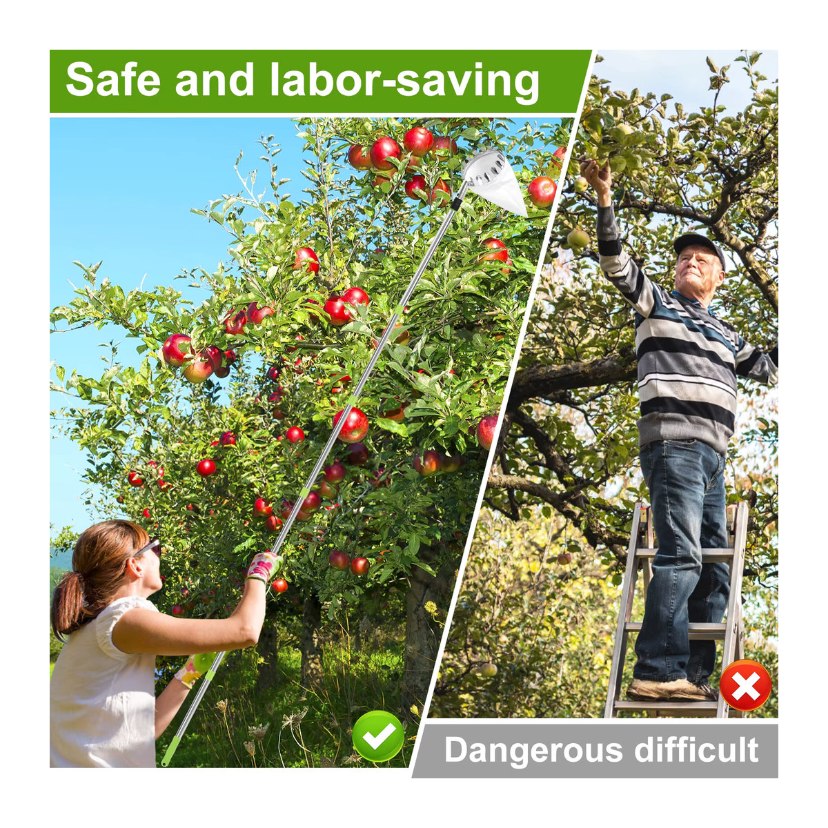 Adifare Obstpflücker Set aus Edelstahl mit ausziehbarer Stange und Gartenkorb in 1,5 m und 2,4 m - Bild 5