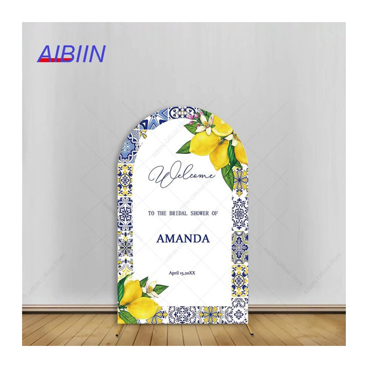 AIBIIN Bogen Hintergrund Abdeckung mit personalisiertem Text in Blau und Weiß für Brautshower, Hochzeit oder Geburtstag, geometrisches Design mit Zitronen- und Fliesenmuster, B/H/T: 120 x 50 x 50 cm - Bild 1