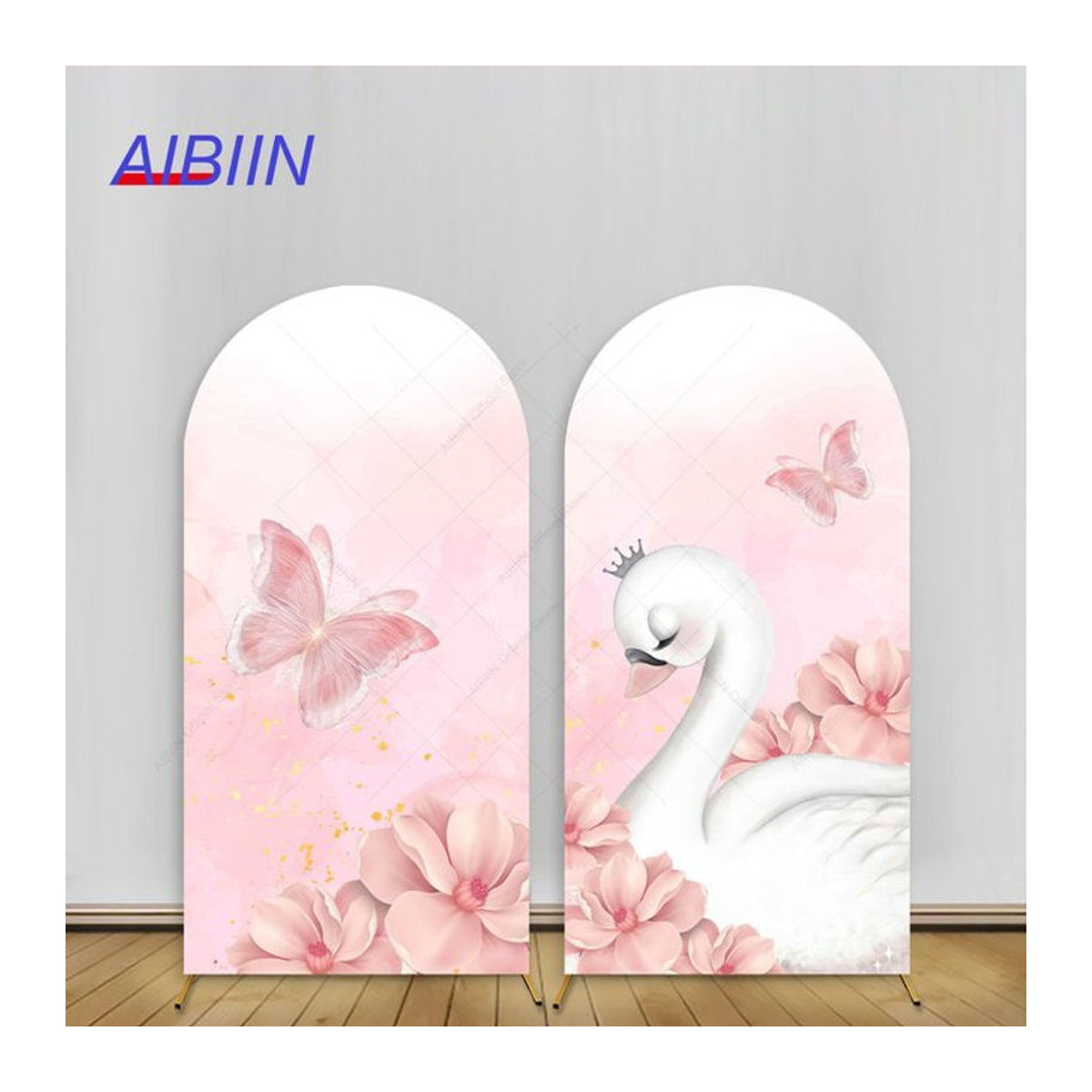 AIBIIN Bogen Hintergrund Abdeckung mit Schwan und Schmetterlingen in Rosa für Baby Shower und Geburtstag Dekoration, B/H: 120 x 50 cm - Bild 1