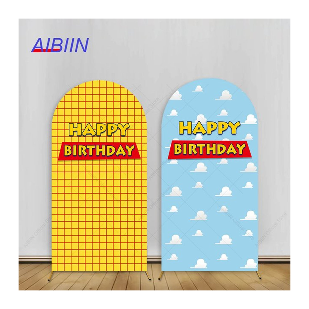 AIBIIN Geburtstag Bogen Hintergrund Abdeckung Blauer Himmel mit weißen Wolken für Jungen, Gelbes Karo und Rote Streifen, Breite: 120 cm, Höhe: 50 cm - Bild 1