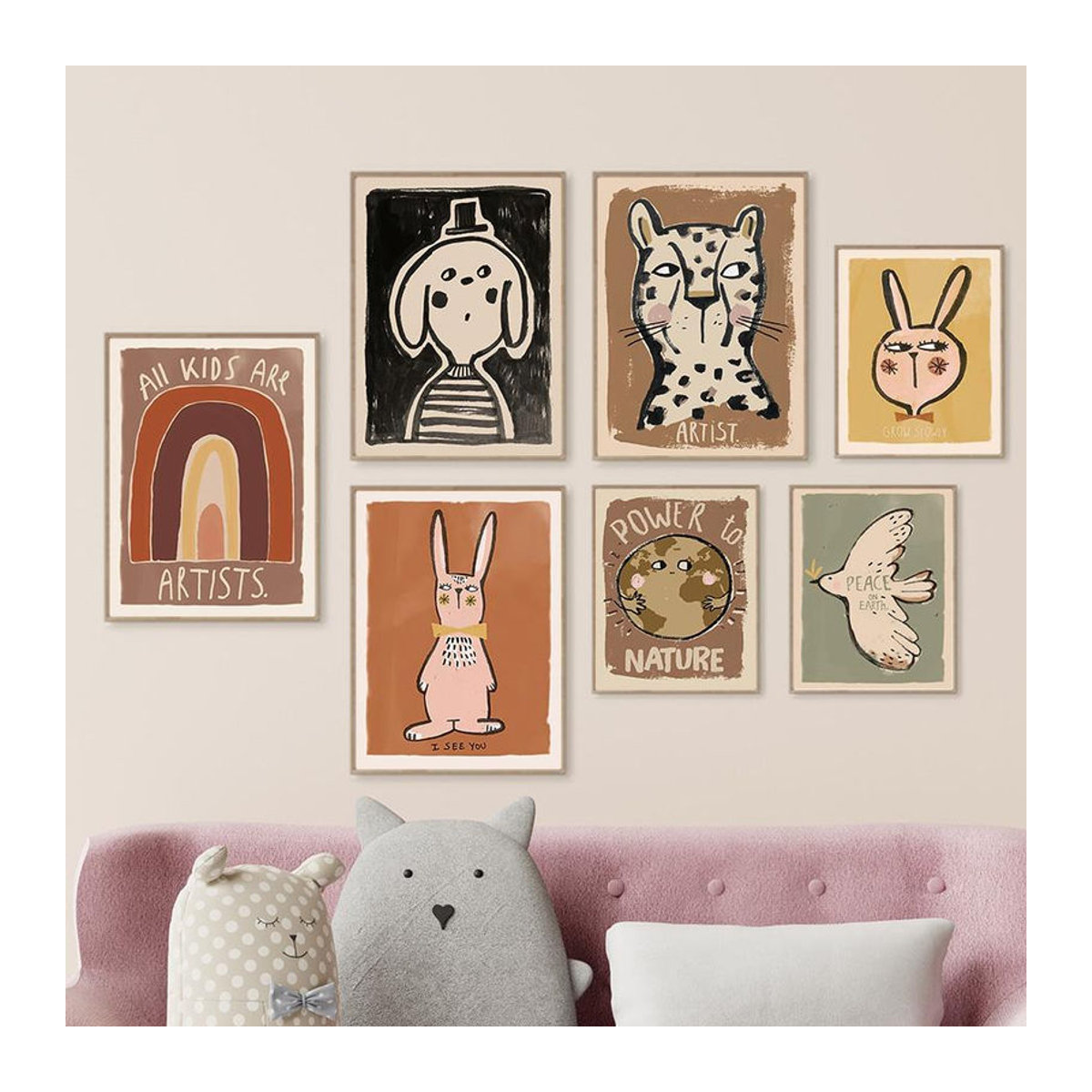 Aidegou5 Wandkunst Leinwand mit Tierprint für Baby- und Kinderzimmer, Motiv Hase, Leopard, Hund und Taube im Regenbogen-Design, mehrfarbig, Hochformat, ohne Rahmen, Breite: 40 cm, Höhe: 60 cm - Bild 1