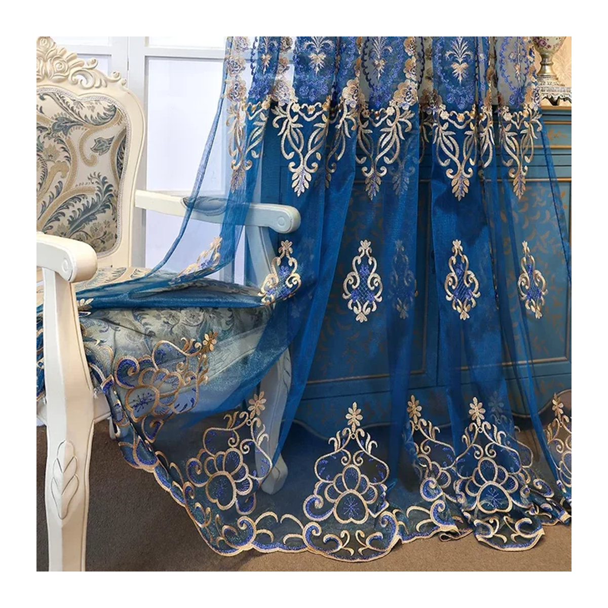 AiFish Luxuriöse Jacquard-Blumentüll Vorhänge in Blau und Gold, bestickte transparente Fenstervorhänge für dein Schlafzimmer - Bild 1