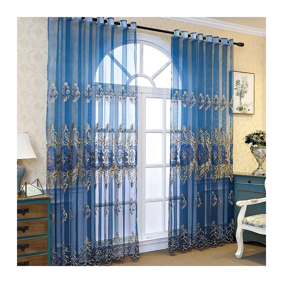 AiFish Luxuriöse Jacquard-Blumentüll Vorhänge in Blau und Gold, bestickte transparente Fenstervorhänge für dein Schlafzimmer - Bild 2