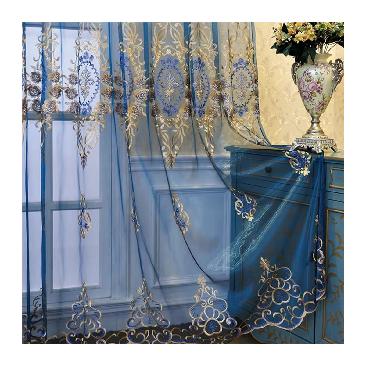 AiFish Luxuriöse Jacquard-Blumentüll Vorhänge in Blau und Gold, bestickte transparente Fenstervorhänge für dein Schlafzimmer - Bild 3