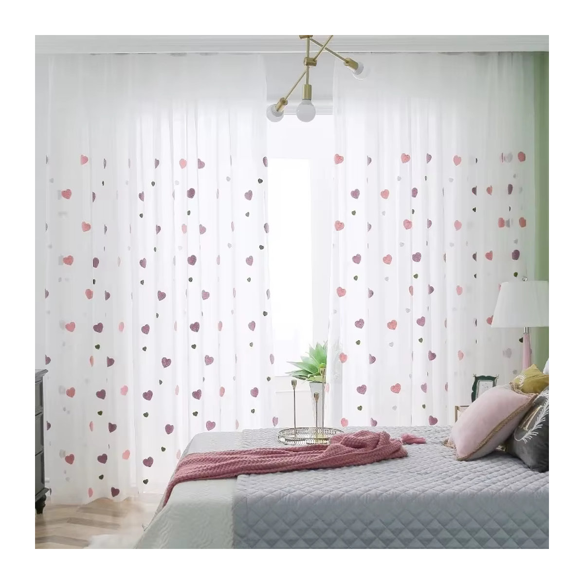 AiFish Transparente Tüllvorhänge für das Kinderzimmer mit Herz-Stickerei in Rosa und Weiß - Bild 2