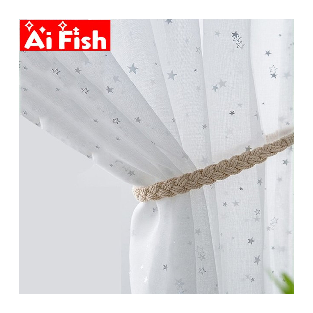 AiFish Transparentes Tüllvorhang Set mit silbernen Sternen in Weiß für Wohnzimmer und Schlafzimmer - Bild 1