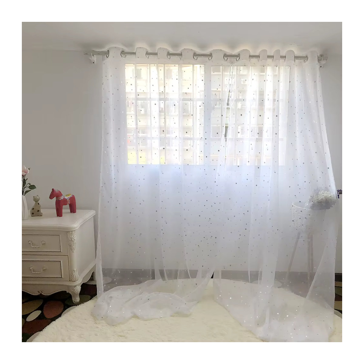 AiFish Transparentes Tüllvorhang Set mit silbernen Sternen in Weiß für Wohnzimmer und Schlafzimmer - Bild 2