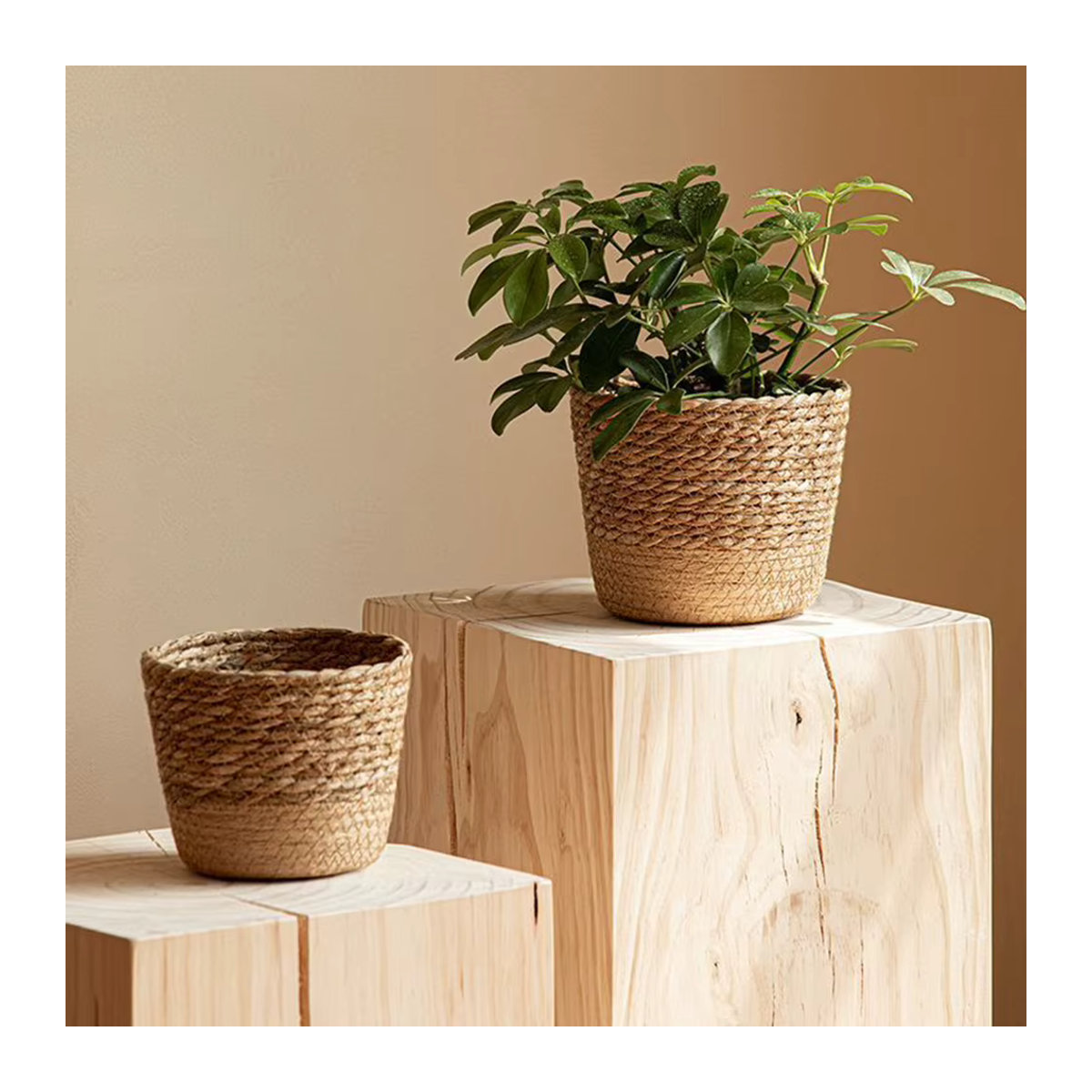 Aihogard Weidenkorb aus Rattan und Stroh in Beige, handgefertigter Blumenkorb im Bohemian-Stil für deine Topfpflanzen - Bild 2