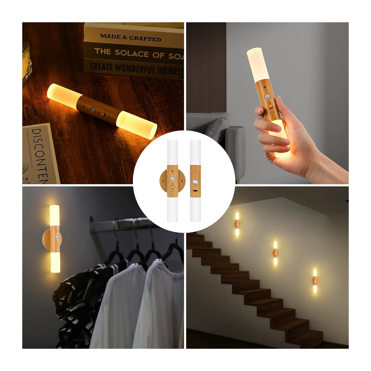 Aiopp LED Wandleuchte im 2er-Pack aus Holz mit Bewegungssensor und USB-Aufladung, Natur/Nussbaum, Skandinavisches Design - Bild 2